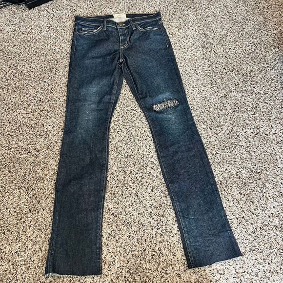 Current/Elliott Denim - Current/Elliot Distressed Dark Blue Denim Jeans with Knee Rip Straight Leg